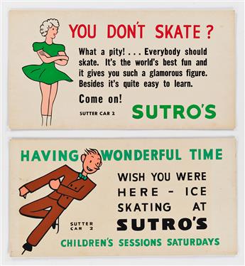 DESIGNERS UNKNOWN. SUTRO BATHS / [ICE SKATING.] Group of 9 trolley cards. Sizes vary, each approximately 11x21 inches, 28x53 cm.